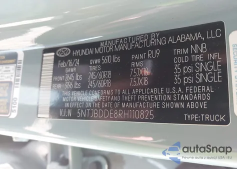 2024 Hyundai Santa Cruz Sel from USA, damaged, VIN 5NTJBDDE8RH110825